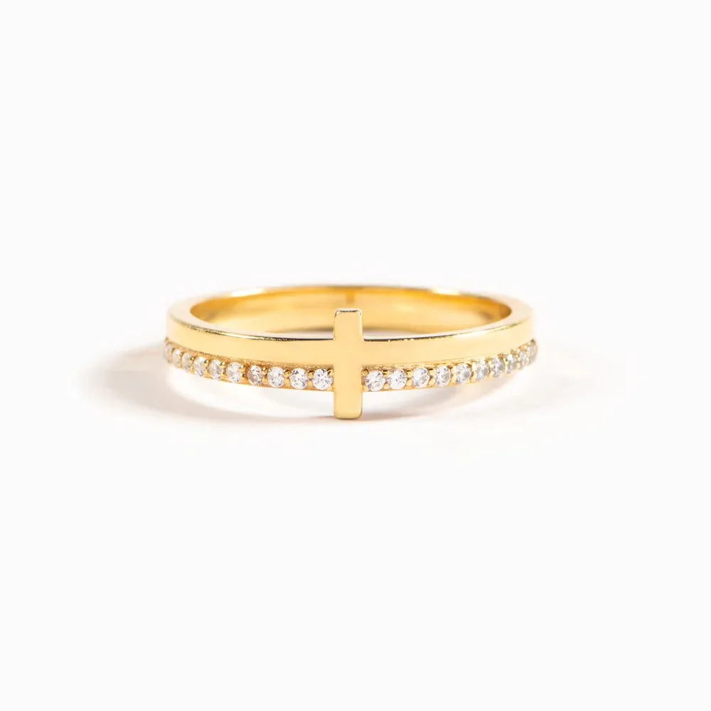 Sleek Cross Ring with Crystal Accents, A Modern Twist on a Timeless Symbol