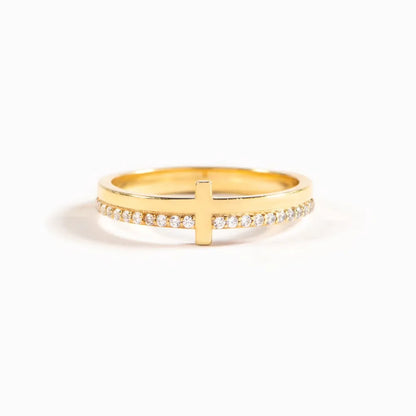 Sleek Cross Ring with Crystal Accents, A Modern Twist on a Timeless Symbol