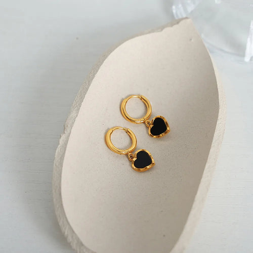 Chic Black and Gold-Tone Heart Hoop Earrings, A Stylish Twist on Classic Elegance