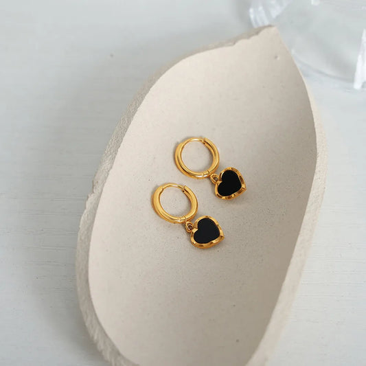 Chic Black and Gold-Tone Heart Hoop Earrings, A Stylish Twist on Classic Elegance