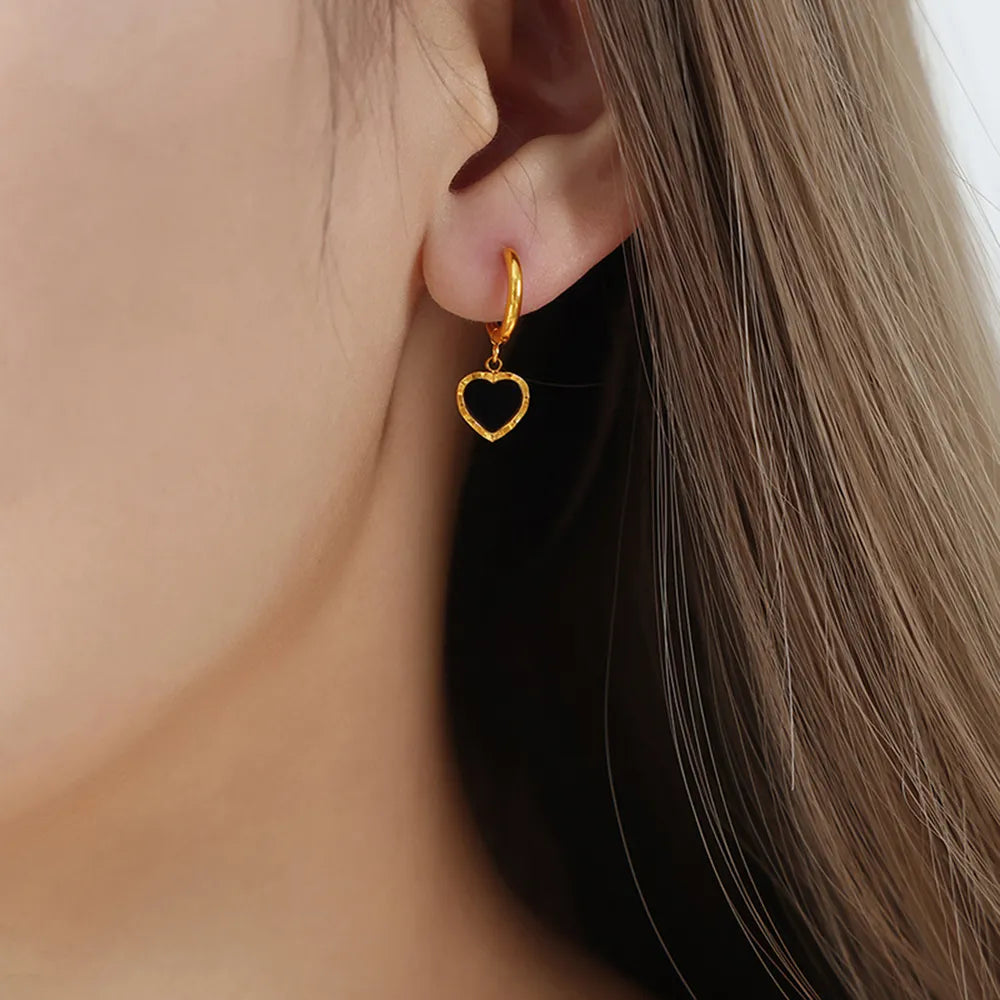 Chic Black and Gold-Tone Heart Hoop Earrings, A Stylish Twist on Classic Elegance
