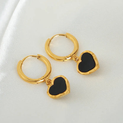 Chic Black and Gold-Tone Heart Hoop Earrings, A Stylish Twist on Classic Elegance