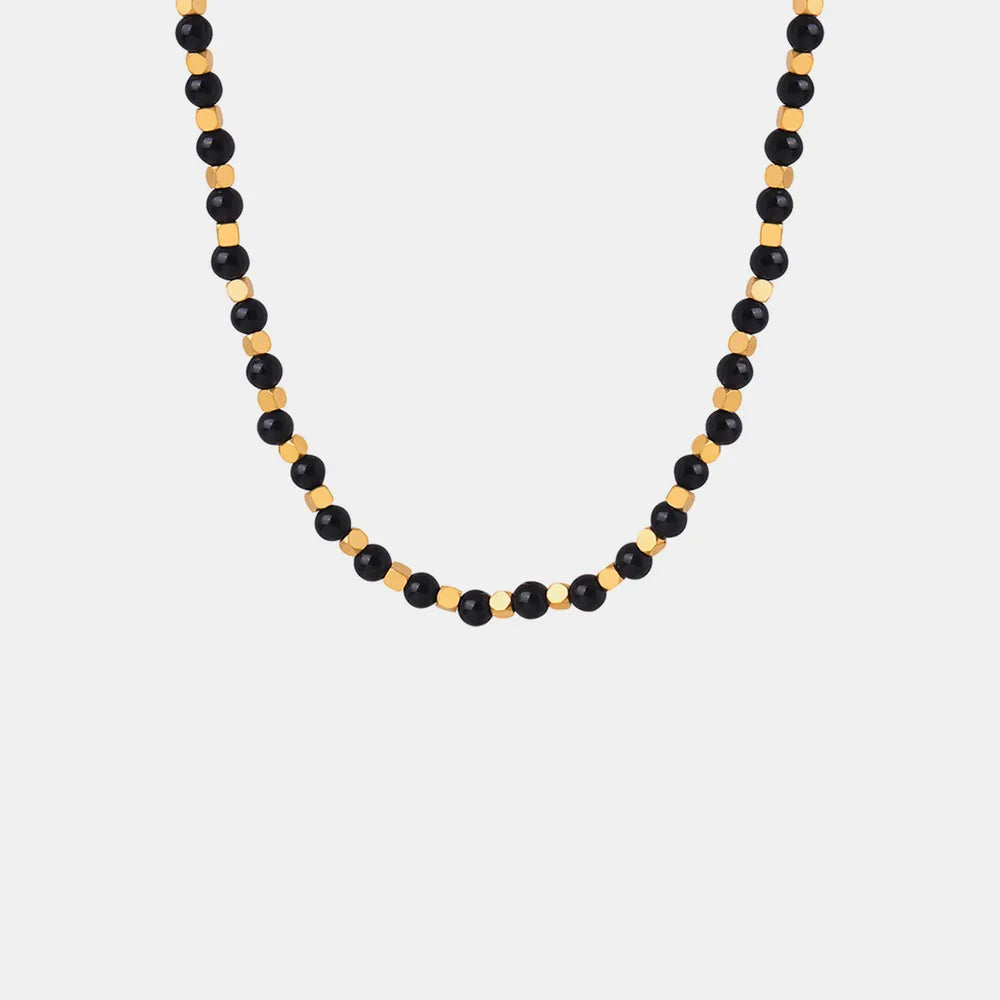 Square titanium steel gold-plated natural black agate stone handmade bead necklace jewelry for women