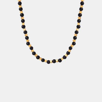 Square titanium steel gold-plated natural black agate stone handmade bead necklace jewelry for women