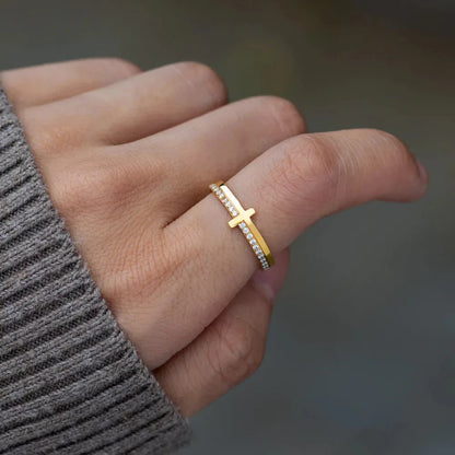 Sleek Cross Ring with Crystal Accents, A Modern Twist on a Timeless Symbol