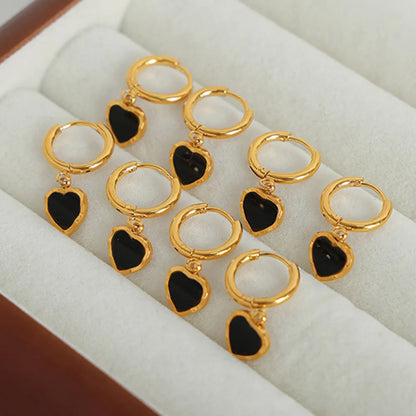 Chic Black and Gold-Tone Heart Hoop Earrings, A Stylish Twist on Classic Elegance