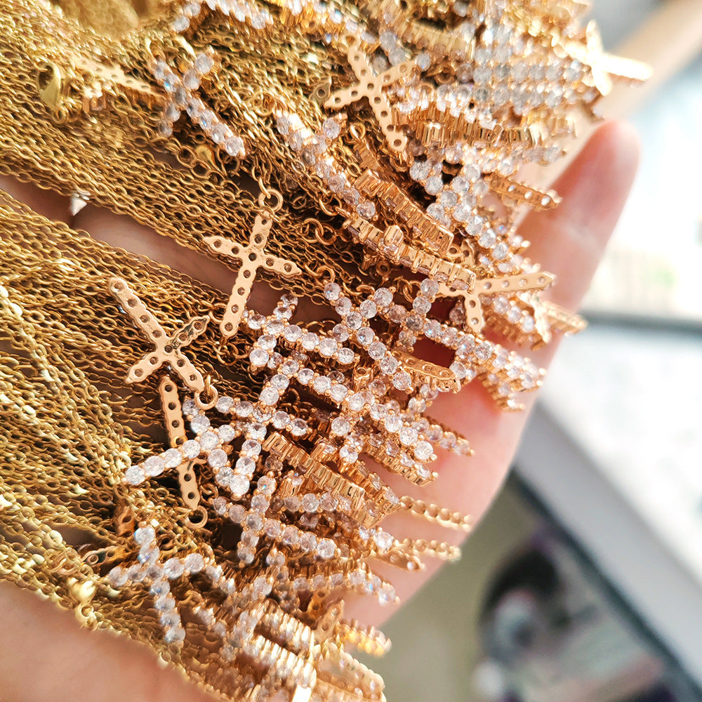 Stainless Steel Plated Genuine Gold Cross Pendant Necklace Full of Zircon Platinum 18K Gold Cross Necklace for Women